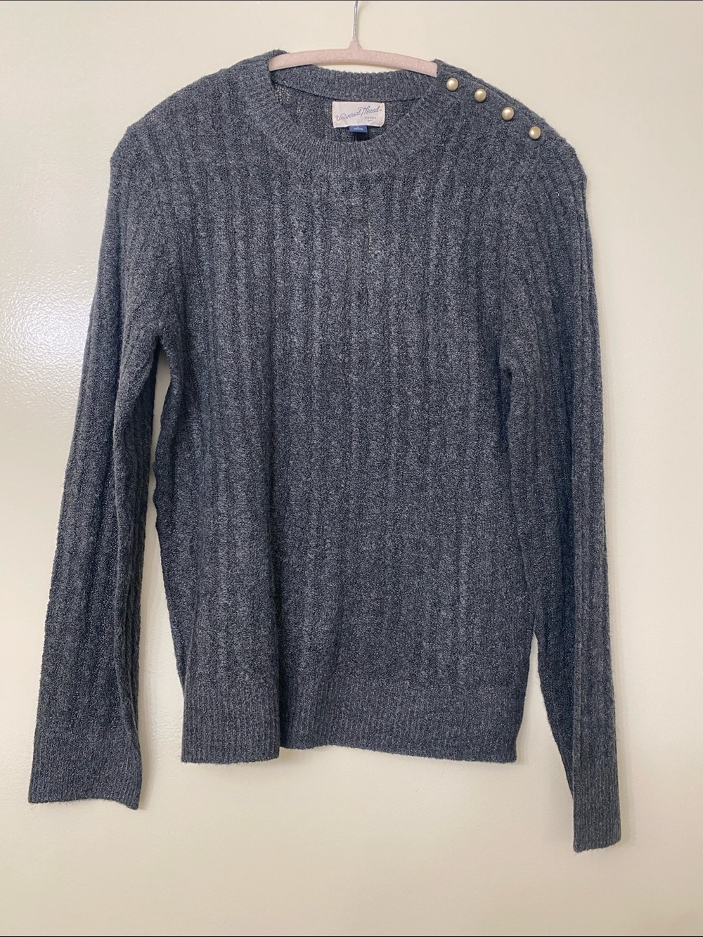 Gray Ribbed Crewneck Sweater with Shoulder Buttons